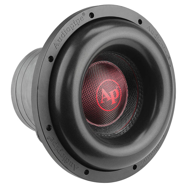 Audiopipe 10-inch subwoofer driver, black frame with red-ring grille and mesh