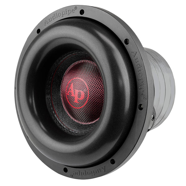 Audiopipe 10-inch subwoofer driver, black cone with red center grille and surround