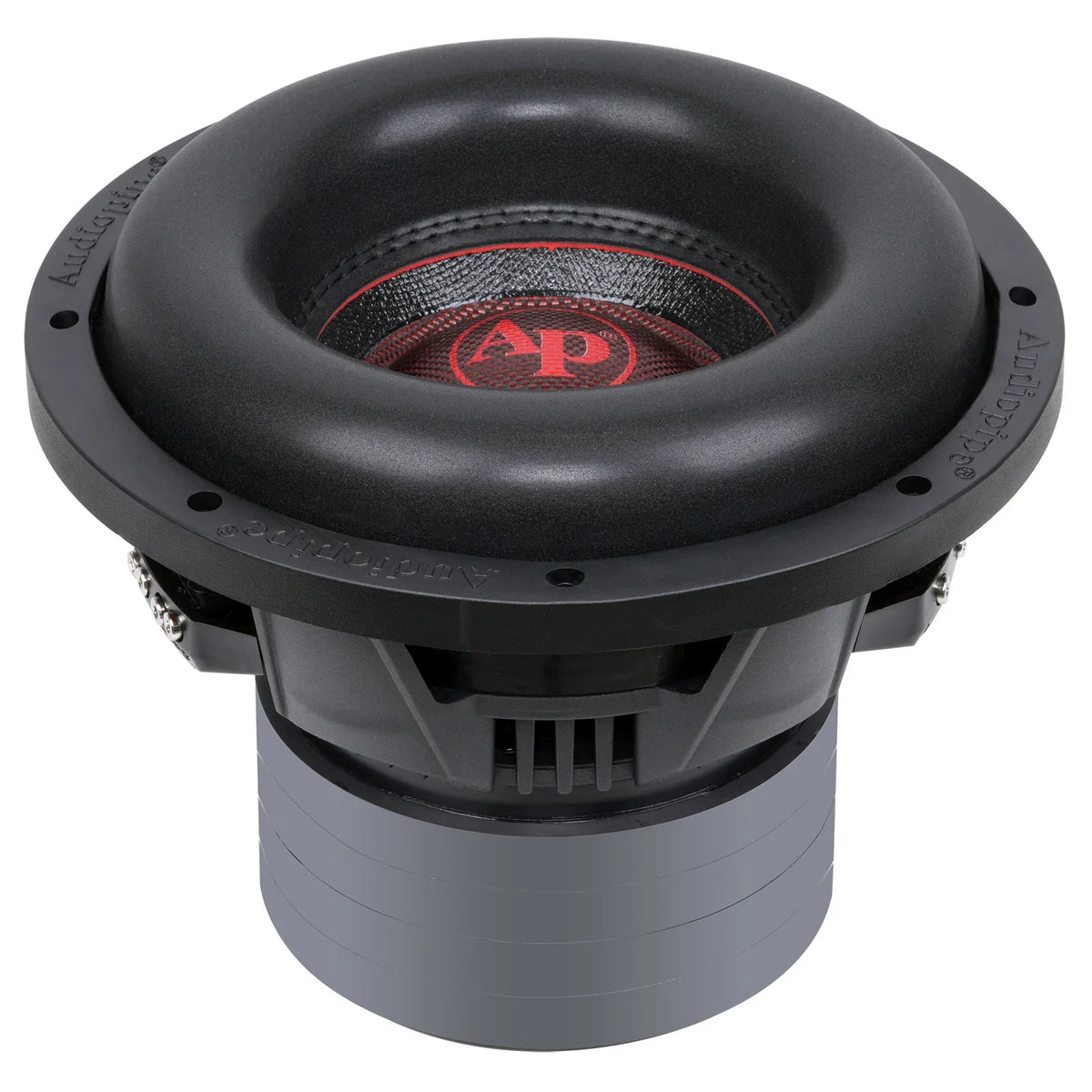 10-inch quad stack subwoofer side view with black cone and mounting rim