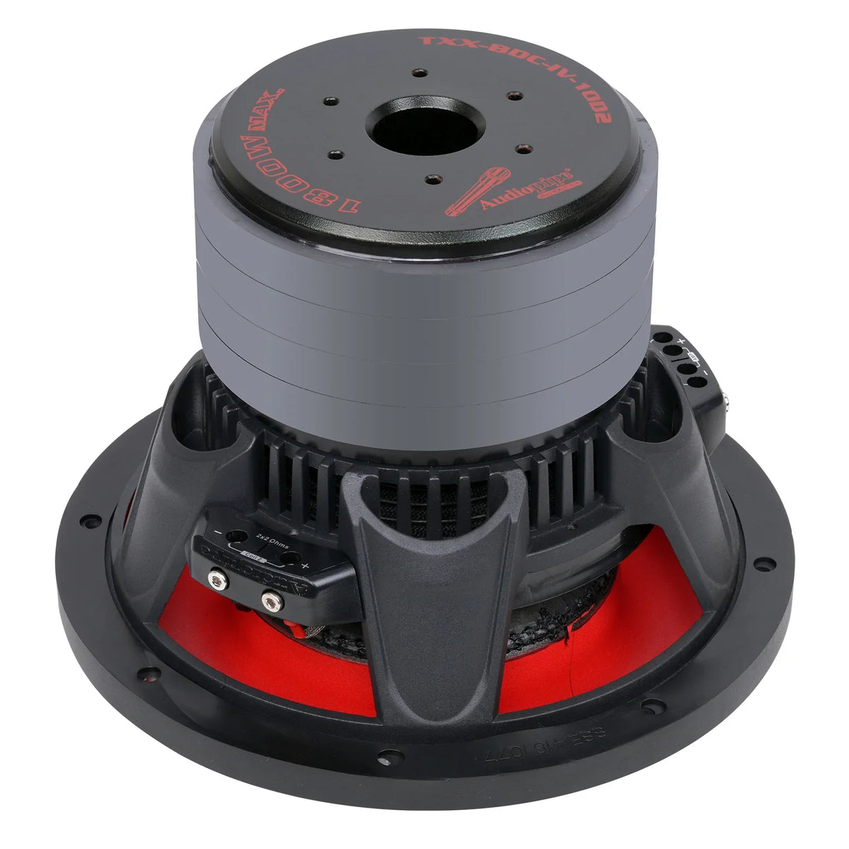 10-inch quad stack subwoofer top view with red motor chamber under frame