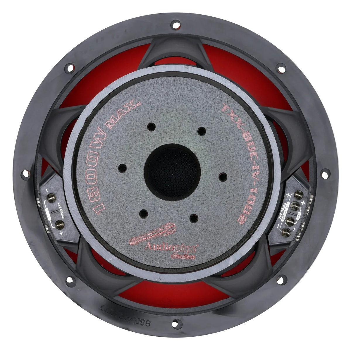 10-inch quad stack subwoofer back plate with red text markings and mounting holes