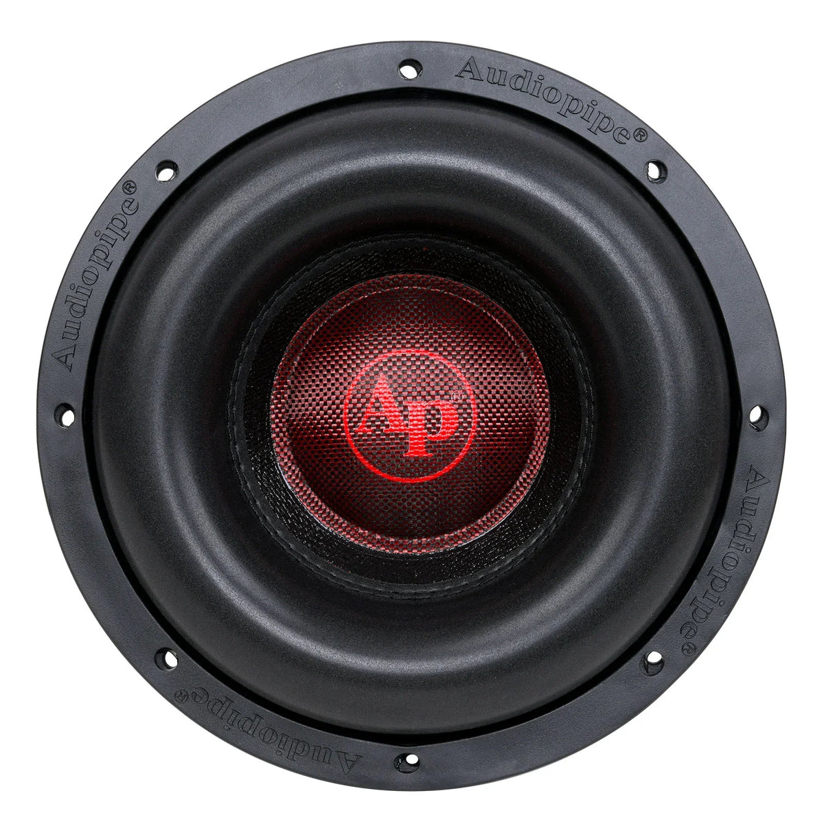 10-inch quad stack subwoofer front view with black driver cone and red center emblem