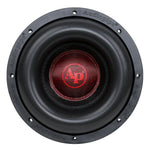 10-inch quad stack subwoofer front view with black driver cone and red center emblem