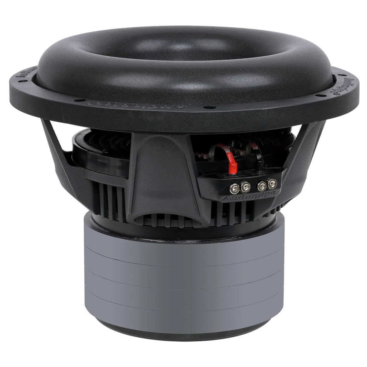 10-inch quad stack subwoofer angled rear view with terminal block and red accents