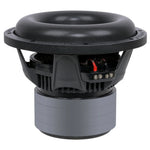 10-inch quad stack subwoofer angled rear view with terminal block and red accents