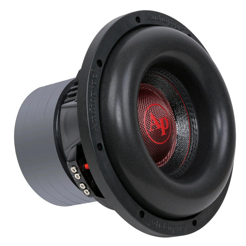 10-inch quad stack subwoofer with black composite cone and red AMP logo