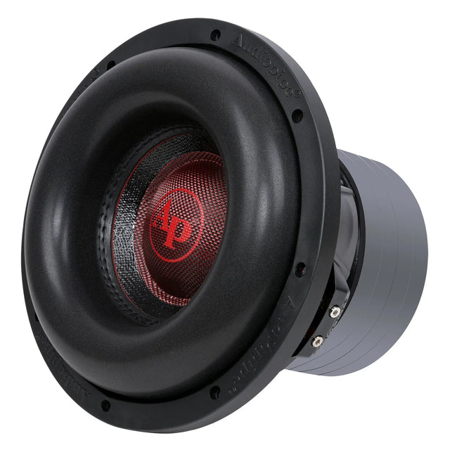 10-inch quad stack subwoofer close-up of black cone with red AMP logo