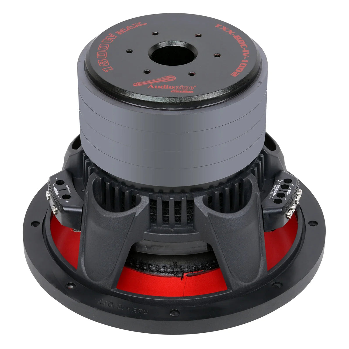 10-inch quad stack composite cone subwoofer with red cone and black frame