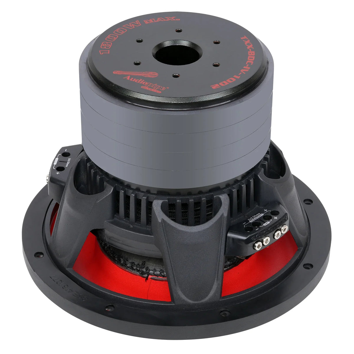 10-inch quad stack subwoofer angled view showing red motor chamber and terminal block
