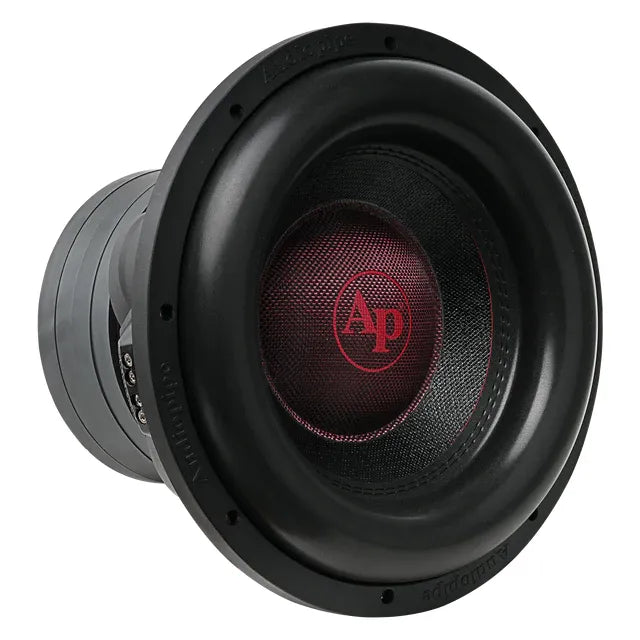 Audiopipe 12-inch subwoofer angled view with black grille and red AP badge