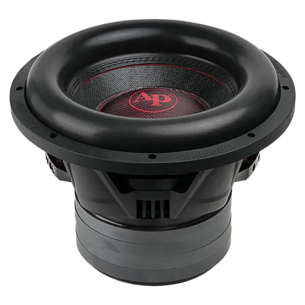 12-inch car subwoofer driver with black cone and red AP logo center