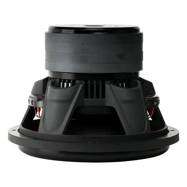 Black subwoofer driver viewed from above with metal grille vents