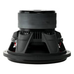 Black subwoofer driver viewed from above with metal grille vents