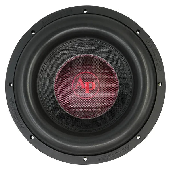 Audiopipe 12-inch subwoofer driver with black grille and red AP emblem
