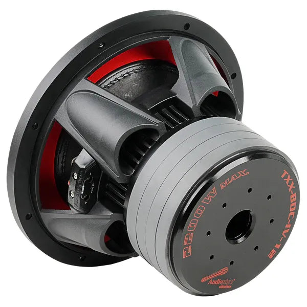 12-inch DVC subwoofer with black housing, red wiring accents, and cone internals
