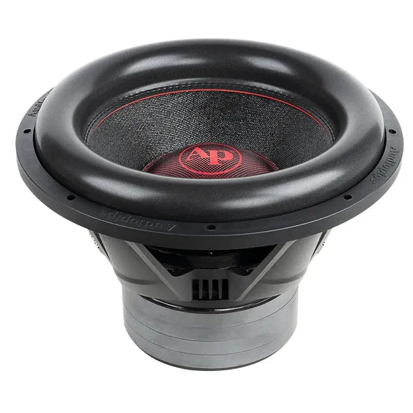 Car subwoofer woofer with black surround and red AP logo, angled front view