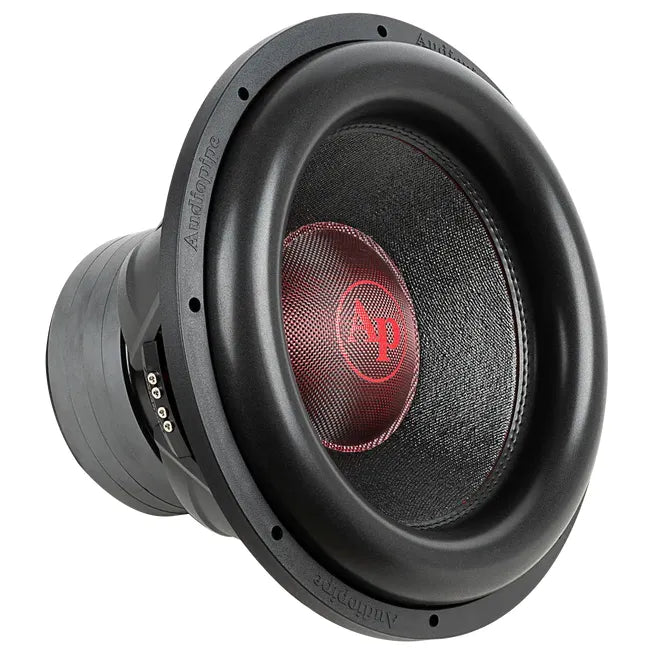 Car subwoofer woofer with black cone and red AP logo, front view
