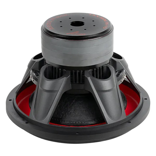 Car subwoofer woofer with exposed frame and red inner suspension, underside view
