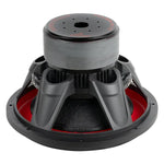 Car subwoofer woofer with exposed frame and red inner suspension, underside view