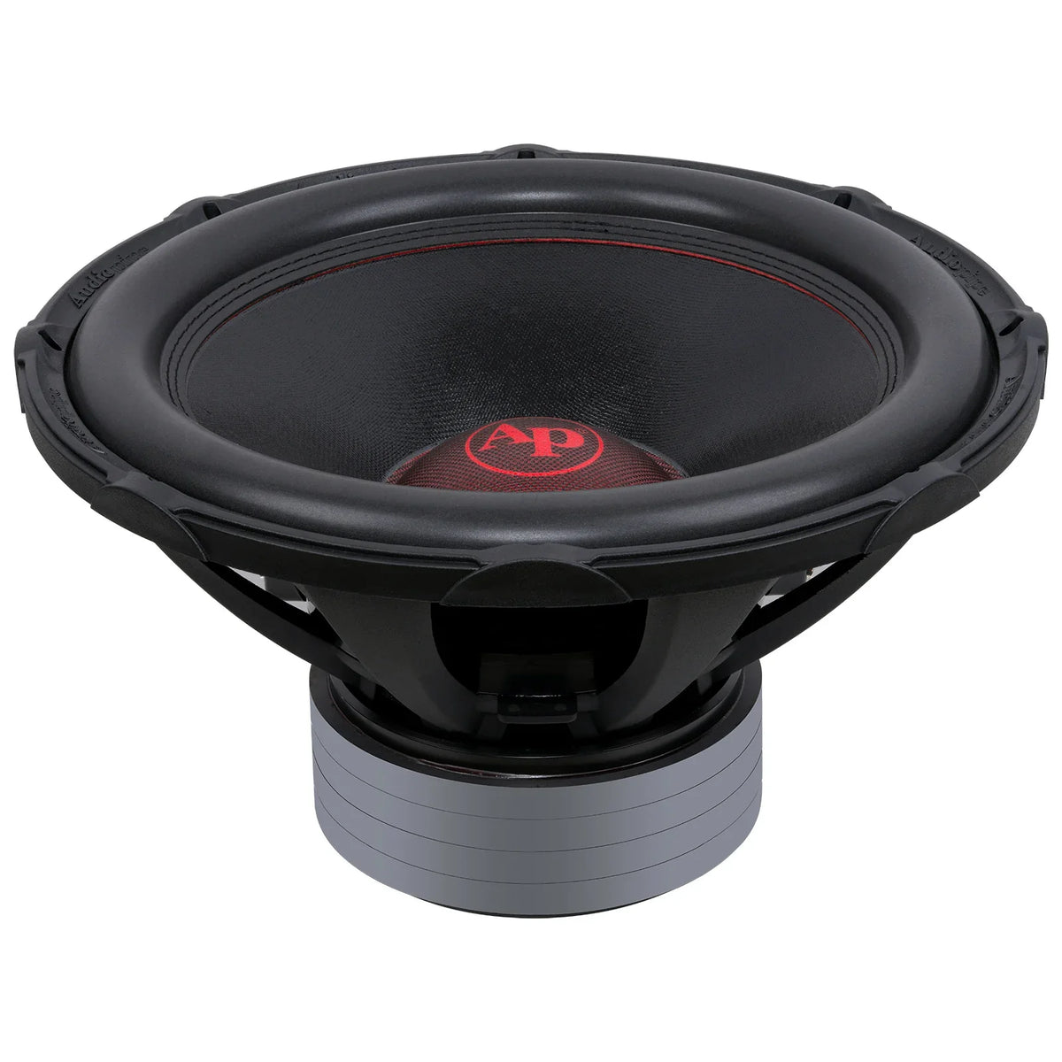 Black 18-inch subwoofer with gray basket and red AP center dust cap