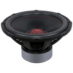 Black 18-inch subwoofer with gray basket and red AP center dust cap