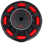 Top view of 18-inch subwoofer with black cone, red accents, and mounting holes
