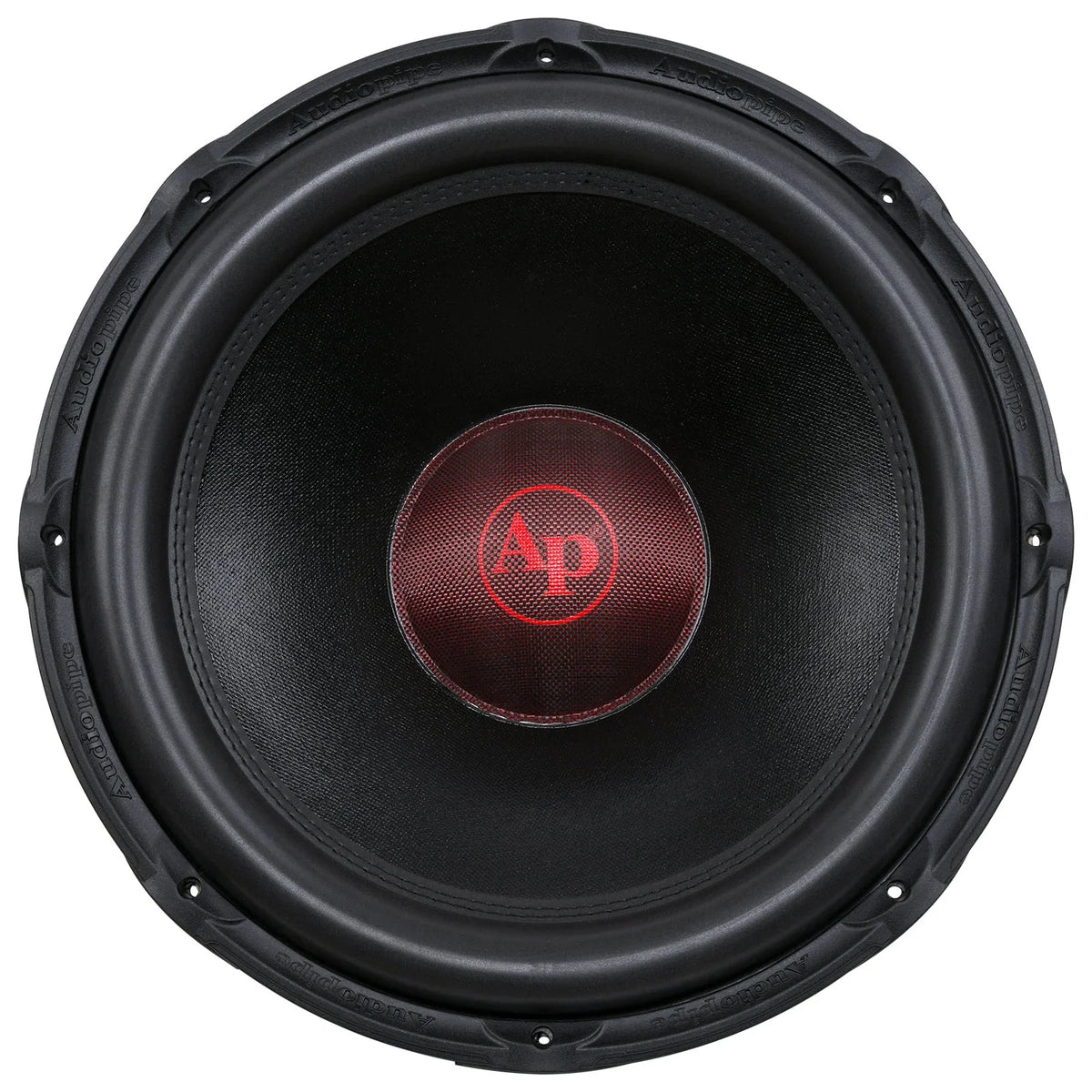 Front view of black 18-inch subwoofer with red AP center dust cap
