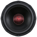 Front view of black 18-inch subwoofer with red AP center dust cap