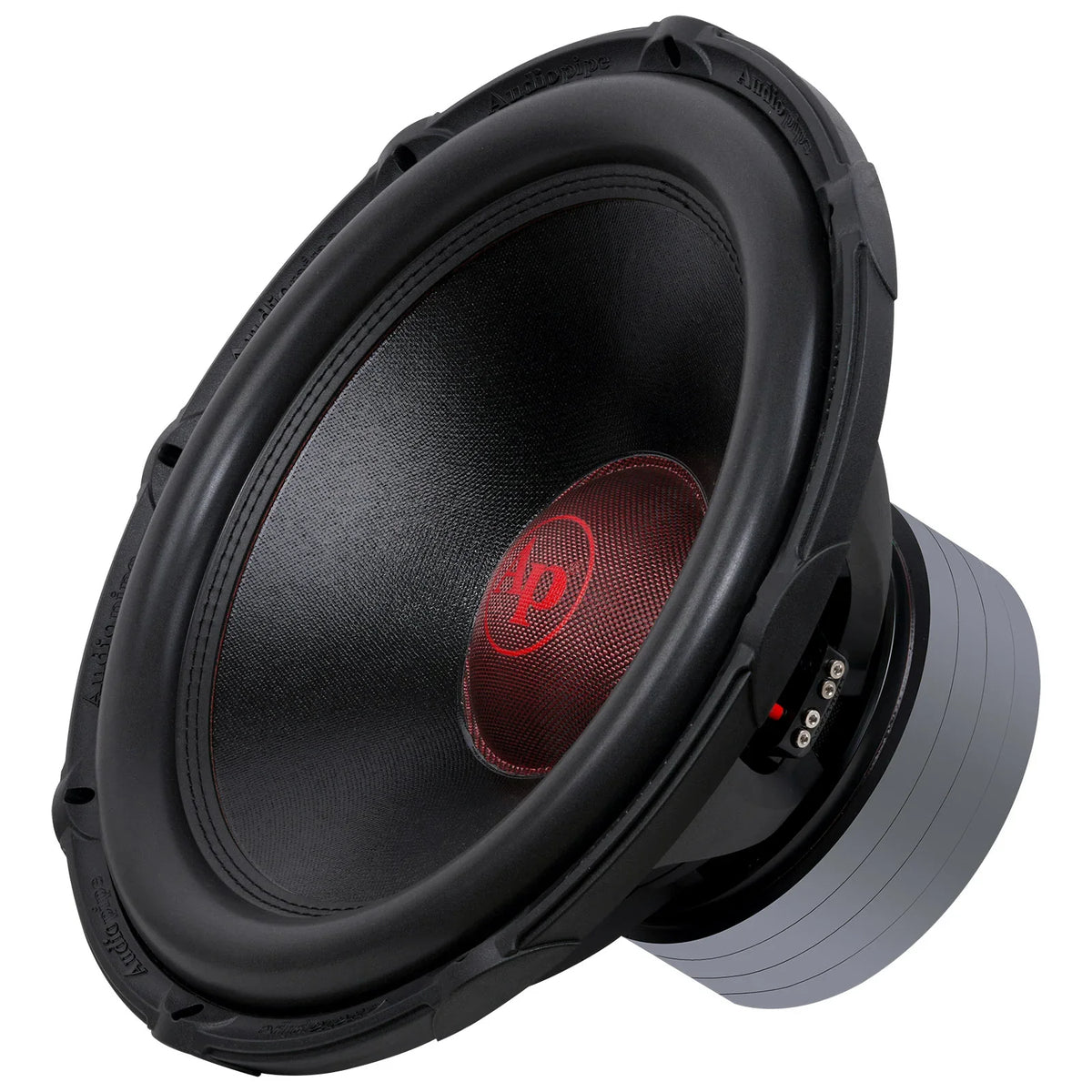 Black 18-inch subwoofer close-up showing cone texture and red AP dust cap