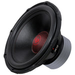 Black 18-inch subwoofer close-up showing cone texture and red AP dust cap