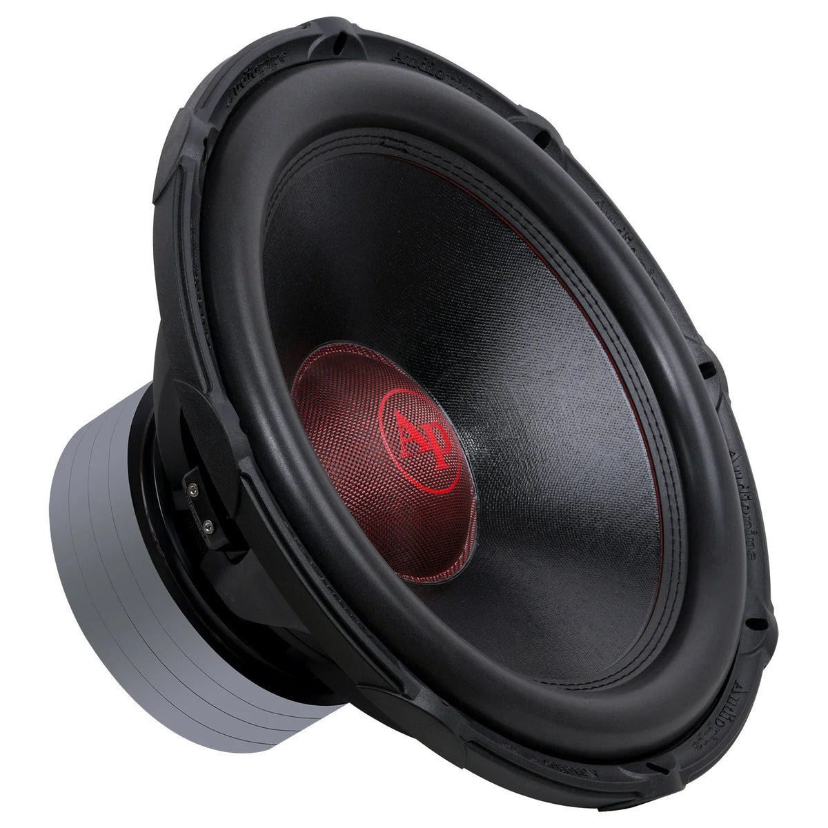 Black 18-inch subwoofer angled view with red AP dust cap and textured cone