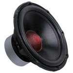 Black 18-inch subwoofer angled view with red AP dust cap and textured cone