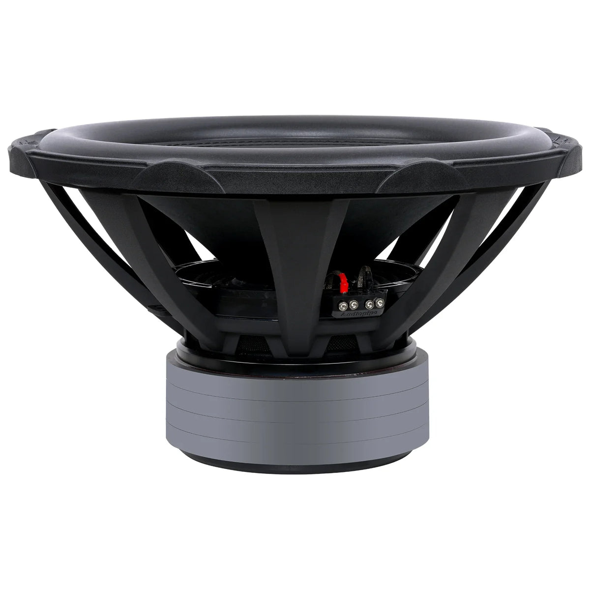 18-inch subwoofer rear view with black mounting frame and exposed terminals