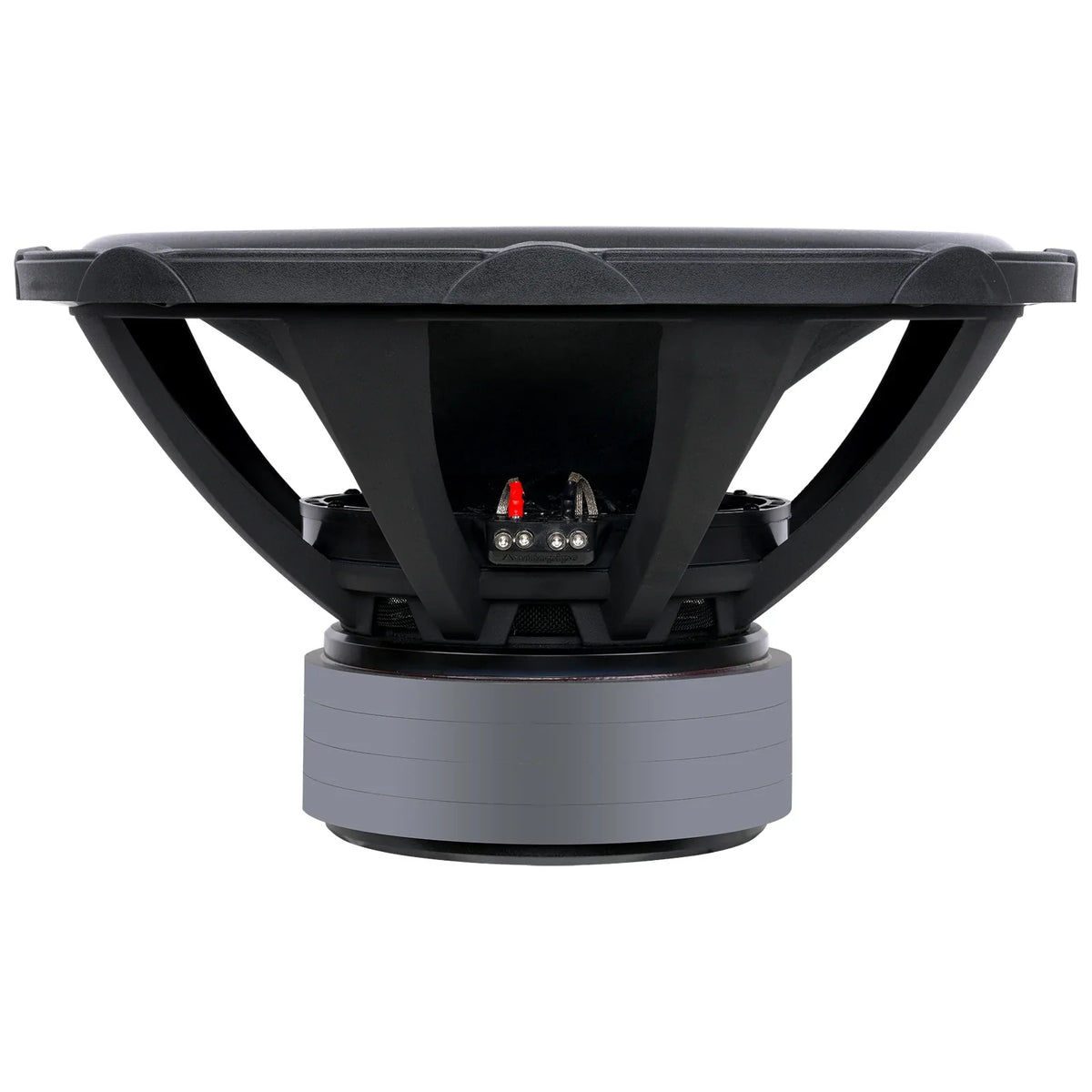 Rear view of black 18-inch subwoofer with terminal block and gray frame