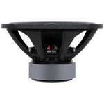 Rear view of black 18-inch subwoofer with terminal block and gray frame
