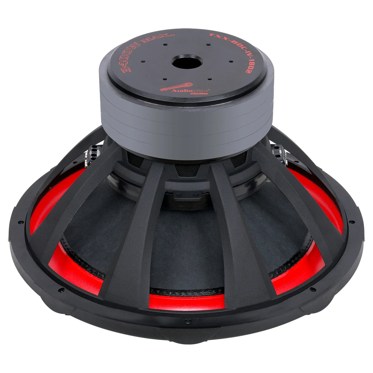 Bottom view of 18-inch subwoofer with gray plate, black frame, and red surround