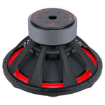 Bottom view of 18-inch subwoofer with gray plate, black frame, and red surround
