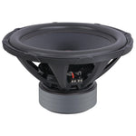 Audiopipe 18-inch subwoofer rear view with exposed speaker terminals and black basket