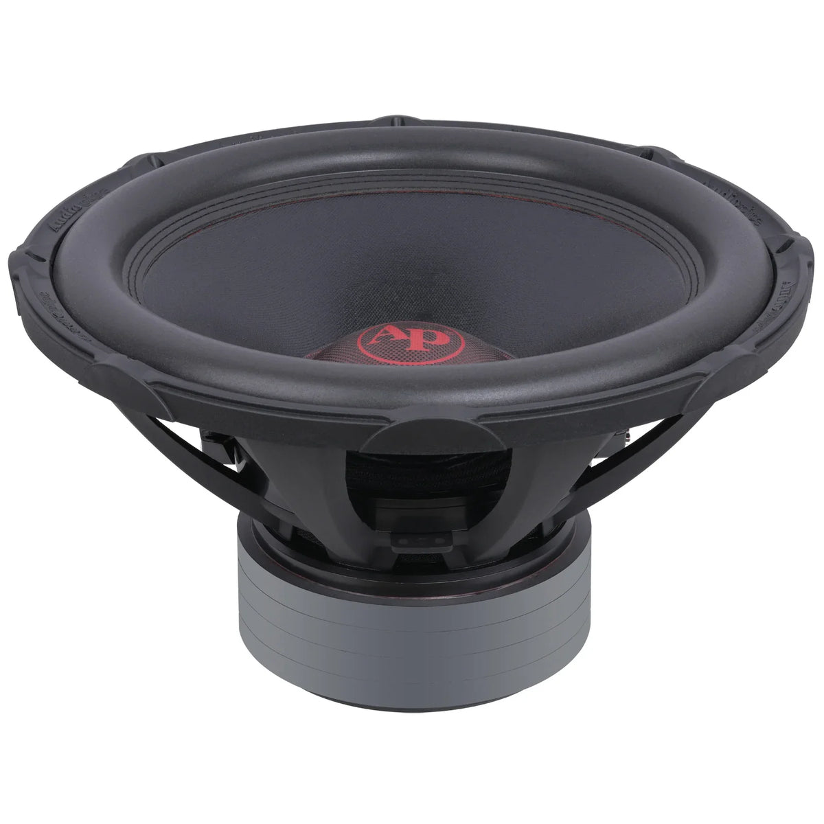 Audiopipe 18-inch subwoofer top view showing black cone surround and red AP label