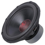 Audiopipe 18-inch subwoofer with black cone, red AP center dust cap, mounting lugs