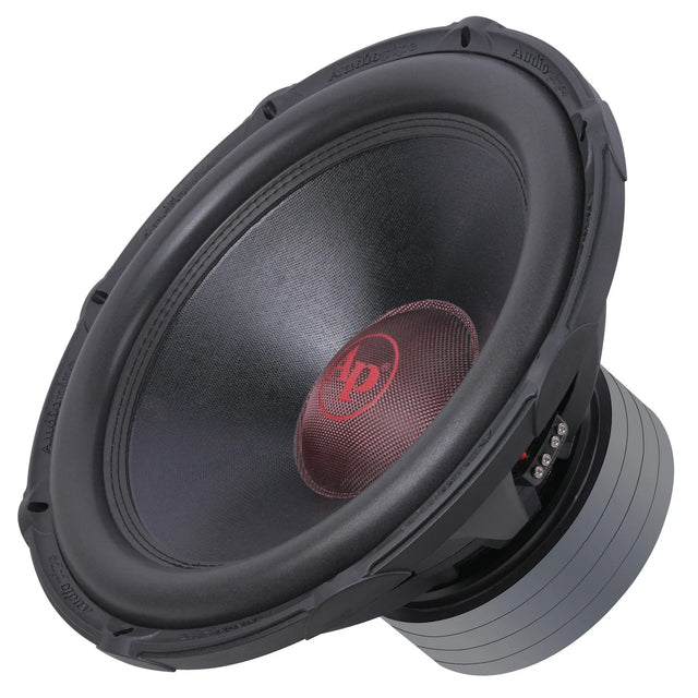 Audiopipe 18-inch subwoofer with black cone, red AP center dust cap, mounting lugs
