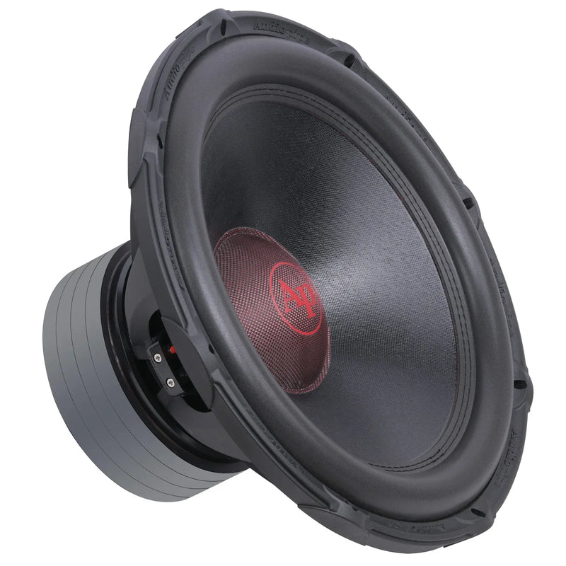 Audiopipe 18-inch subwoofer driver with black cone and red AP logo, DVC basket