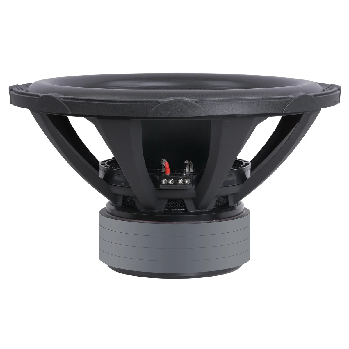 Audiopipe 18-inch subwoofer with exposed terminals on black mounting frame