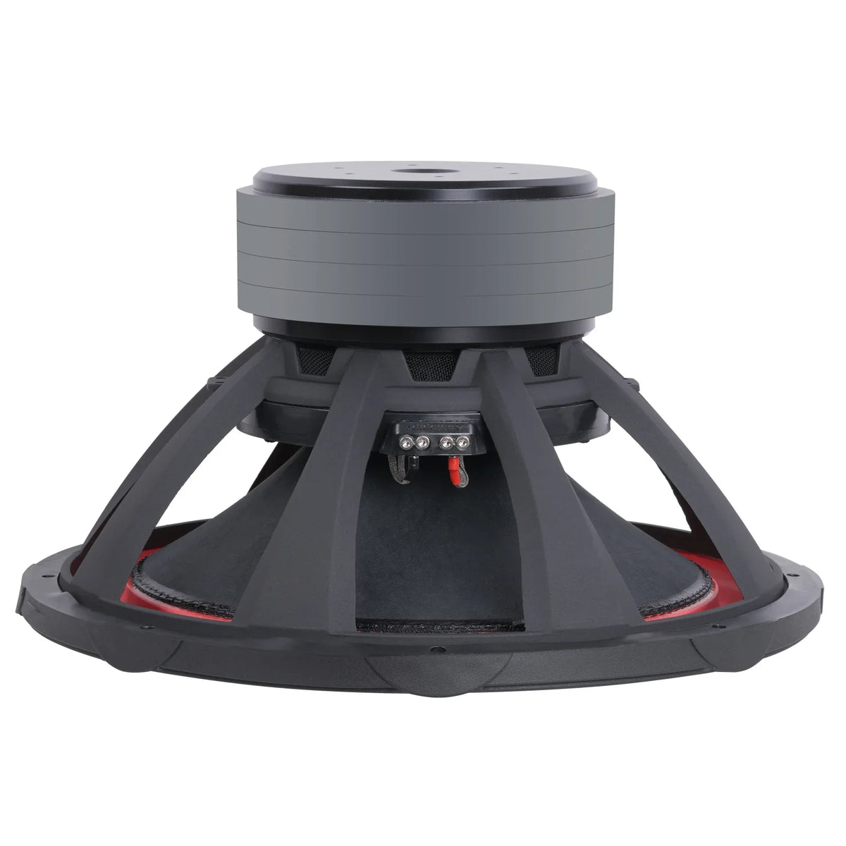 Audiopipe 18-inch subwoofer base view with wiring terminals and support ribs
