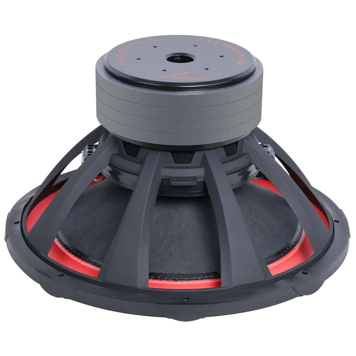 Audiopipe 18-inch subwoofer underside view with red trim accents on cone