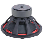 Audiopipe 18-inch subwoofer underside view with red trim accents on cone