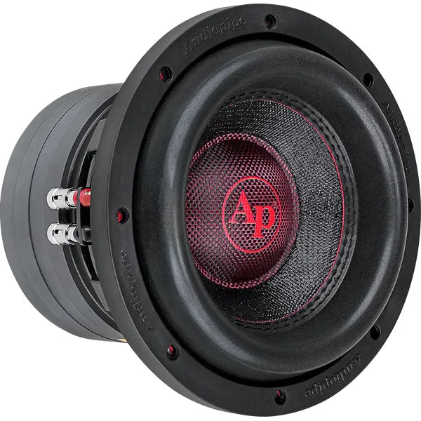 Audiopipe 8-inch DVC subwoofer with black cone and red dust cap detail