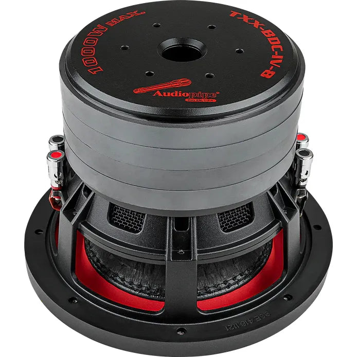 Audiopipe 8-inch subwoofer motor assembly with red logo plate and terminals