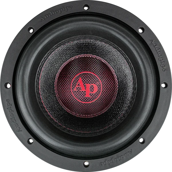 Audiopipe 8-inch subwoofer driver with black frame and red-ring dust cap