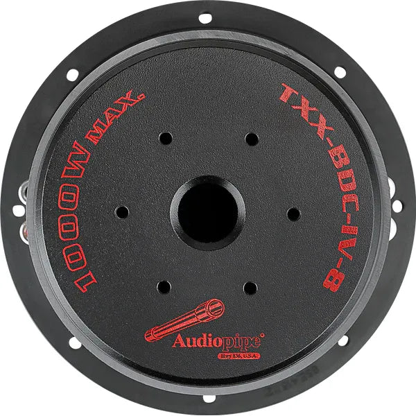 Audiopipe 8-inch subwoofer back plate with mounting holes and red Audiopipe logo